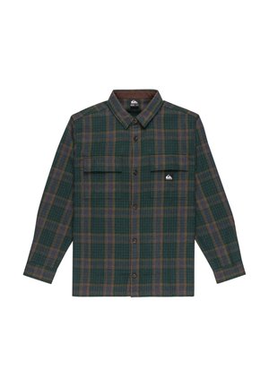 Chemise à carreaux verts avec des accents marron, manches longues et deux poches sur la poitrine. Design à boutonnière, fabriquée à partir d'un tissu texturé.