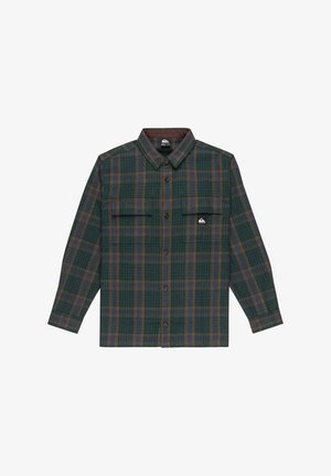 Camisa a cuadros verdes con acentos marrones, de manga larga y con dos bolsillos en el pecho. Diseño de botones, hecha de una tela texturizada.