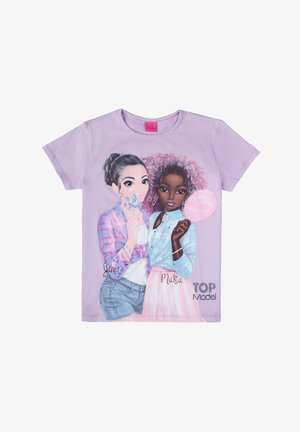 Lavender cotton t-shirt featuring graphic of two girls with colorful hair, one holding a lollipop, and the other holding cotton candy.