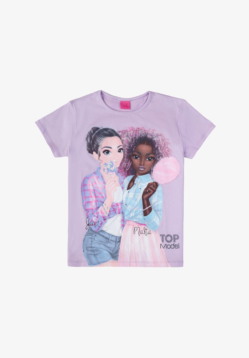 Lavender cotton t-shirt featuring graphic of two girls with colorful hair, one holding a lollipop, and the other holding cotton candy.
