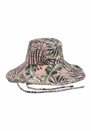 Roze zonnehoed met brede rand en patroon van groene en zwarte tropische bladeren en verstelbare kinband.