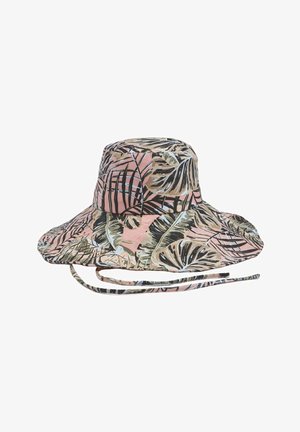 Roze zonnehoed met brede rand en patroon van groene en zwarte tropische bladeren en verstelbare kinband.