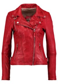 Red leather motorcycle jacket with asymmetrical zip, silver hardware, two front zip pockets, and tailored fit. Smooth texture, mid-length sleeves.