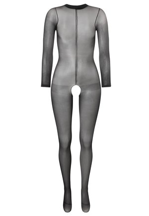 Zwarte doorschijnende bodysuit met lange mouwen en een open midden. Zacht, rekbaar materiaal met een hoge hals en minimale naden. Voorzien van een ritssluiting aan de achterkant.