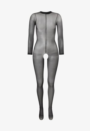 Schwarzer transparenter Bodysuit mit langen Ärmeln und offenem Zentrum. Weicher, dehnbarer Stoff mit hohen Kragen und minimalen Nähten. Mit einem Rückenreißverschluss ausgestattet.
