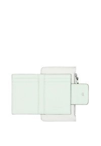 Mint-green leather wallet with white accents, featuring multiple card slots, a zippered compartment, and a snap button closure.