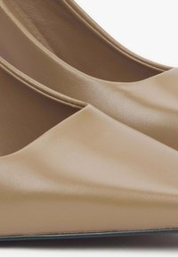 Nude skórzane baleriny z wydłużonym noskiem, gładką fakturą i niskimi bokami. Charakteryzują się subtelnymi szwami i smukłą podeszwą.