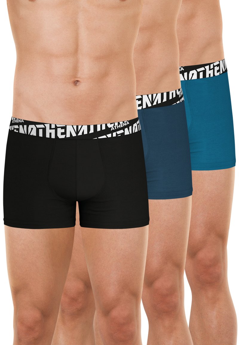 Caleçons boxers pour hommes en noir, bleu marine et turquoise. Confectionnés en coton, avec une taille élastique blanche à motifs portant la marque "ATHENA".