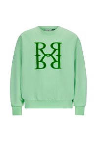 Felpa verde menta realizzata in morbido tessuto, con un design del logo verde peloso al centro, e con polsini e orlo a costine.