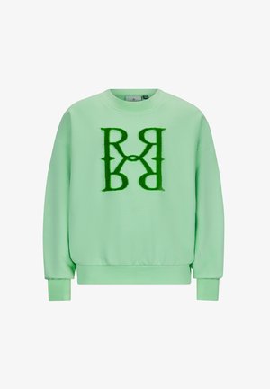 Mintgrüner Sweatshirt aus weichem Stoff, mit einem flauschigen grünen Logo-Design in der Mitte, sowie gerippten Bündchen und Saum.