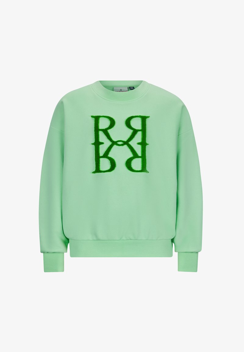 Felpa verde menta realizzata in morbido tessuto, con un design del logo verde peloso al centro, e con polsini e orlo a costine.