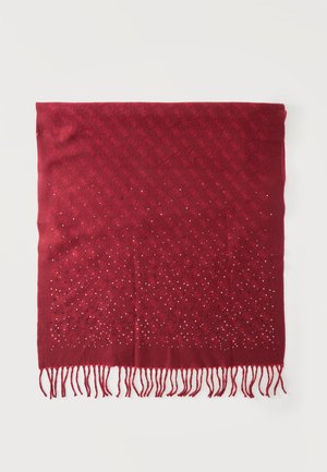 Écharpe tissée rouge avec un motif subtil et de petites perles blanches et foncées éparpillées, bords frangés en bas.