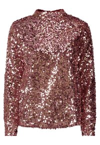 Top a maniche lunghe coperto di paillettes in malva con scollo alto. Presenta varie paillettes rotonde in tonalità di rosa e oro, che riflettono la luce.