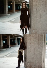 Brun langærmet kjole med høj-lav kant, parret med knæhøje sorte læderstøvler. Har en stribet beige og sort sweater bundet om taljen.