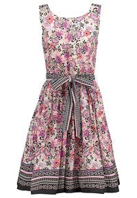 Hihaton kukkakuvioinen mekko kevyestä kankaasta, jossa on vaaleanpunaisia ja mustia kuvioita. Mekossa on kiristettävä vyötärö ja liehuva polvipituinen hame.