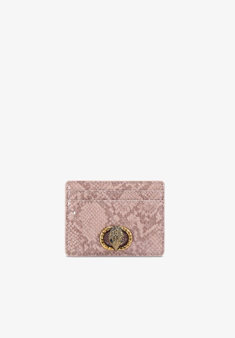 Pink snakeskin cardholder with three slots and a decorative gold seashell hardware accent on the front. Smooth texture, compact design.