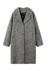 Cappotto in misto lana grigio a motivo scozzese con colletto a punta, due bottoni e tasche laterali. Presenta una superficie texturizzata e un design di lunghezza media.