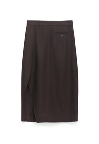 Donkerbruine knielange rok met een zijsplit, riemlussen en een enkele knoopzak aan de achterkant.