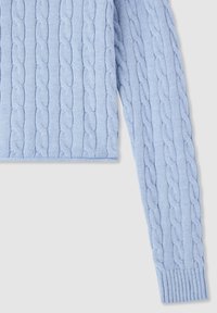 Maglione corto azzurro chiaro con design a trecce, dotato di maniche a costine e orlo inferiore a costine. Realizzato in morbido tessuto lavorato a maglia con pattern testurizzato.