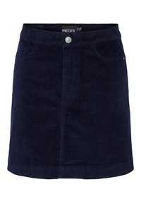 Marinblå kordkjol med framknäppning, två sidofickor och rak fåll. Texturerad tyg med vertikala ribbor.