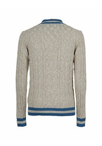 Beige gestrickte Strickjacke mit einem strukturierten Muster, ausgestattet mit einem blau gestreiften Kragen und Bündchen. Lange Ärmel und gerippter Saum.