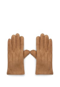 Gants en suédine marron avec une texture lisse, présentant trois lignes de couture décoratives au dos de chaque gant et un design classique à cinq doigts.