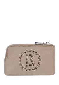 Portafoglio in pelle beige con superficie texture, caratterizzato da un logo circolare perforato e una chiusura con zip nella parte superiore per una conservazione sicura.