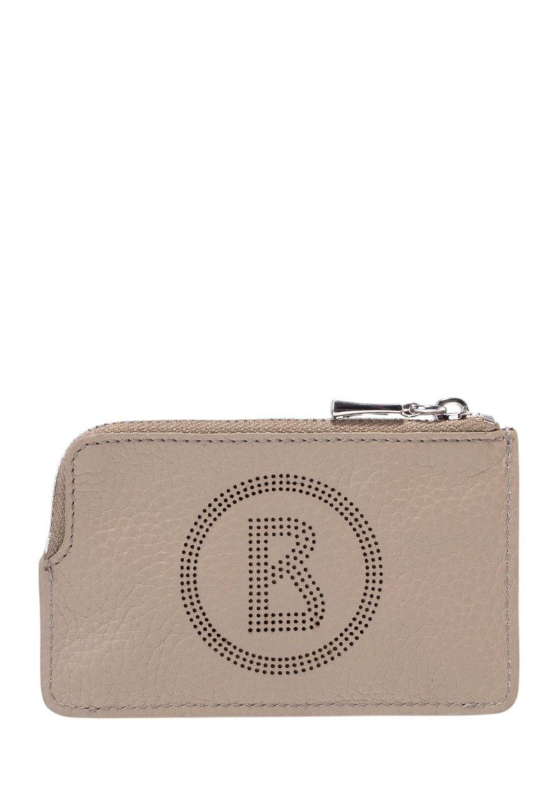 Portafoglio in pelle beige con superficie texture, caratterizzato da un logo circolare perforato e una chiusura con zip nella parte superiore per una conservazione sicura.