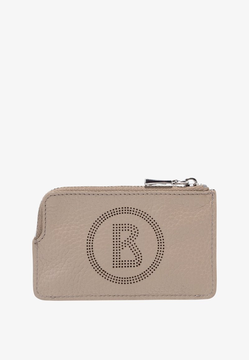 Portafoglio in pelle beige con superficie texture, caratterizzato da un logo circolare perforato e una chiusura con zip nella parte superiore per una conservazione sicura.