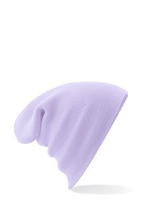 Light purple knitted slouchy beanie hat with a ribbed texture, shown against a white background.