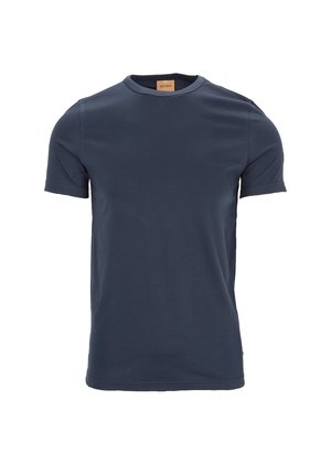 Navyblaues kurzärmliges Baumwoll-T-Shirt mit Rundhalsausschnitt und glatter Textur. Keine Muster oder Akzente sichtbar.