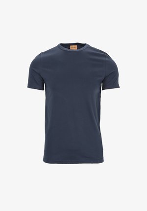 Temno modra kratka bombažna majica s kratkimi rokavi in okroglo izrezom z gladko teksturo. Brez vidnih vzorcev ali dodatkov.