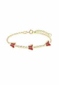 Goldfarbene Kettenarmband mit drei roten Schmetterlings-Anhängern mit goldenem Rand. Beinhaltet einen Verschluss und eine verstellbare Länge. Glatte Textur.
