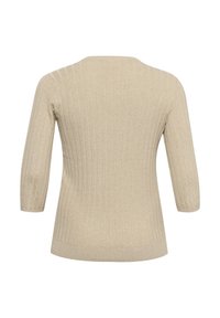 Beige geribbelde trui, middellange mouwen, zachte textuur, slim-fit ontwerp, ronde halslijn, gebreid patroon en rekbare zoom.