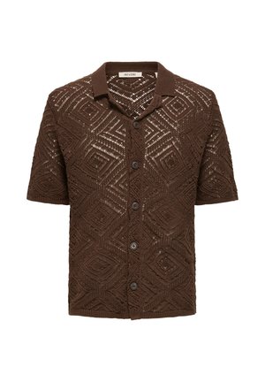 Bruine kortärmsgem button-up cardigan met een gestructureerd, diamantpatroon in de breisteek en een kraaghals.