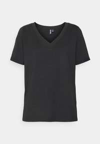 Camiseta negra de manga corta con diseño de escote en V. Hecha de una tela suave, presenta una textura lisa y un corte relajado. Estilo simple y versátil.