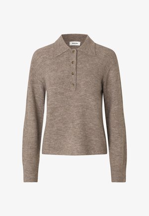 Beige wool pullover with a collared neckline, four button placket, and long sleeves. Smooth texture with a slightly fitted silhouette.