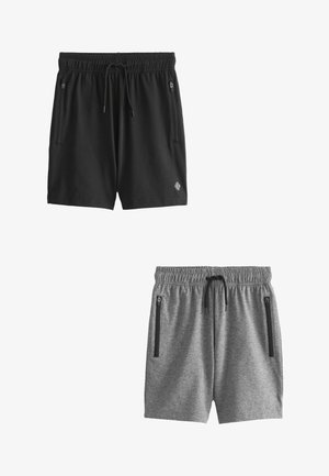 Čierne a šedé športové kraťasy s elastickým pásom, sťahovacou šnúrkou a dvoma zipsovými vreckami na každej strane. Hladký materiál.