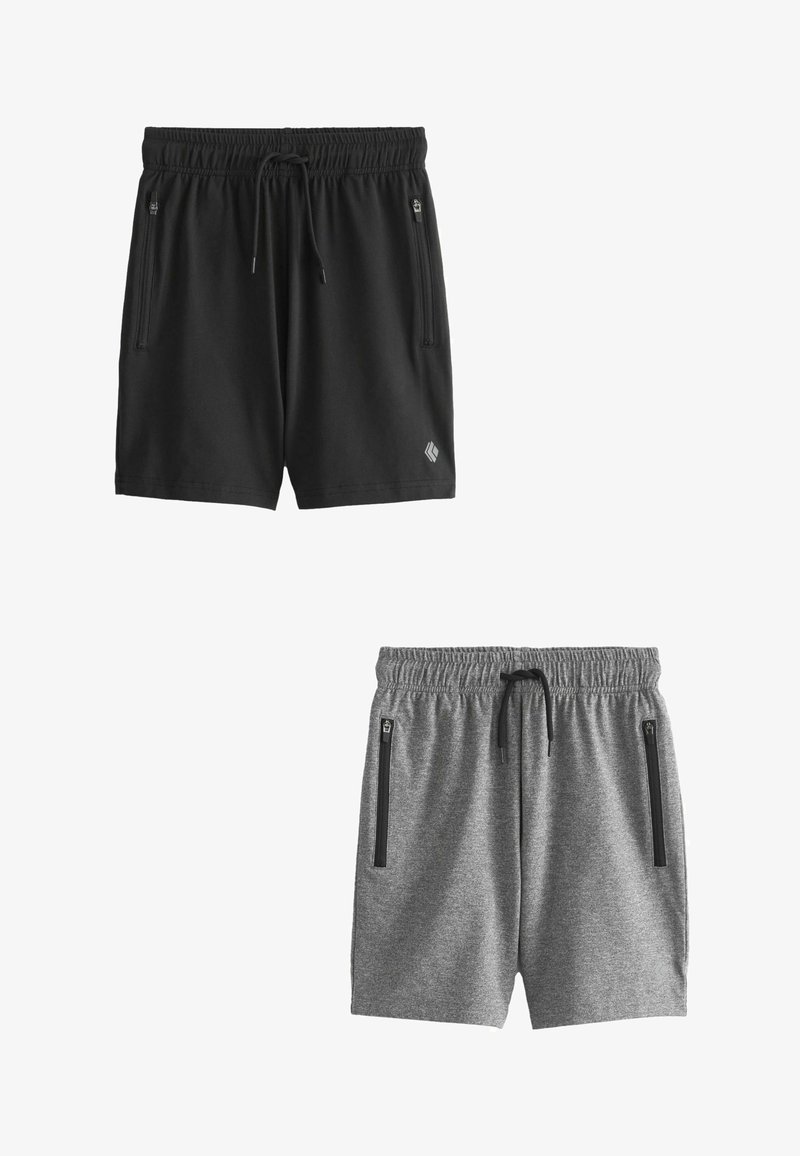 Černé a šedé sportovní šortky s elastickým pasem, šňůrkami na stažení a dvěma zipovými kapsami po stranách. Hladký povrch látky.