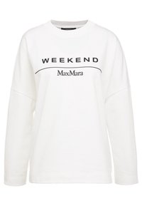 Sudadera blanca de manga larga con el texto negro "WEEKEND" y "MaxMara" estampado en el pecho, en un diseño simple y limpio.