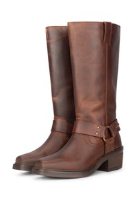 Brown leather knee-high boots with a smooth finish, a strap and buckle detail, and a stacked heel. Features a rounded toe design.