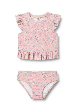 Dwuczęściowy strój kąpielowy z krótkim topem z falbanami i kwiatowym wzorem, zestawiony z dopasowanymi majtkami bikini.