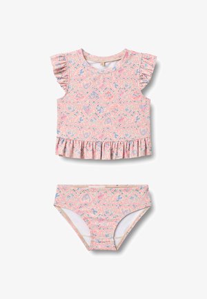 Ensemble de maillot de bain deux pièces comprenant un haut à manches courtes avec des accents volantés et un motif floral, accompagné d'un bas de bikini assorti.