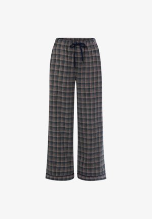 Locker sitzende Pyjamahose mit dunkelgrünem und rosa Karomuster und marineblauem Kordelzug am elastischen Bund auf weißem Hintergrund.
