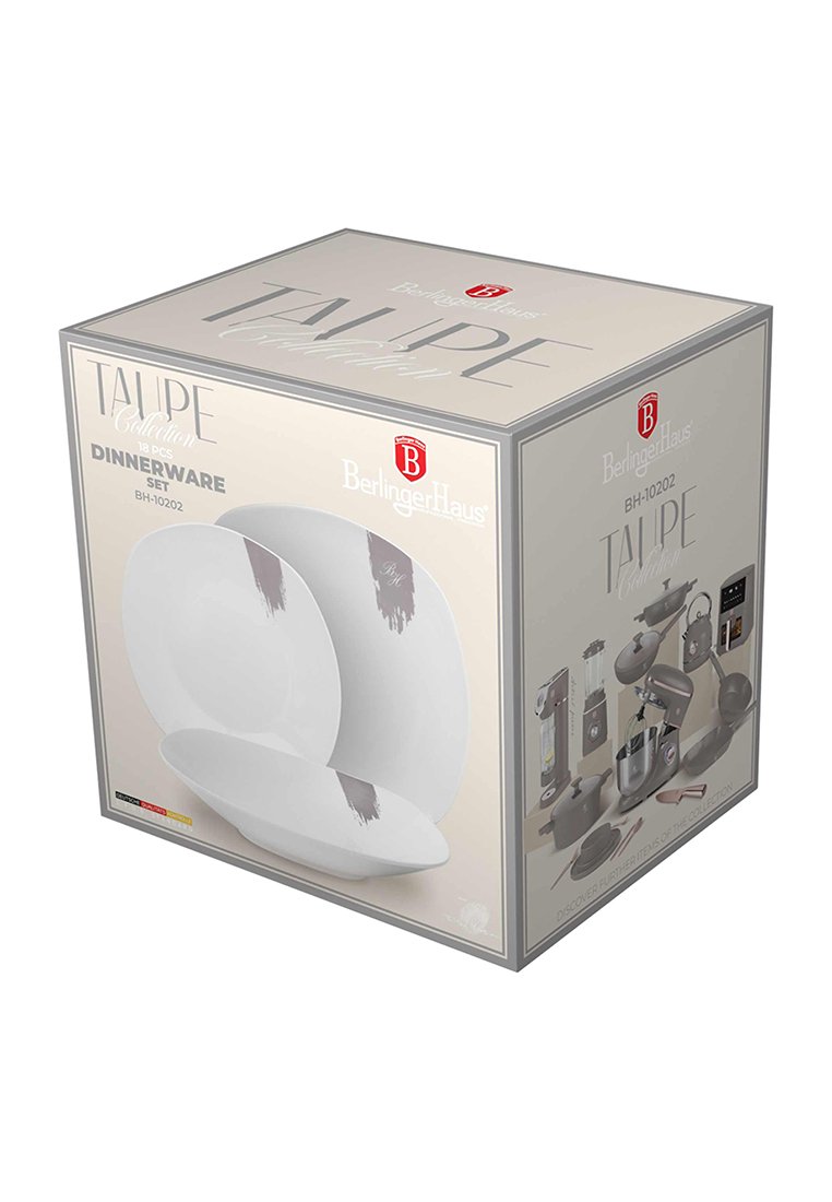 Weißes Geschirrset mit taupefarbenen Akzenten, das elegante Designelemente und eine klare Markenidentität aufweist. Enthält 18 Teile.