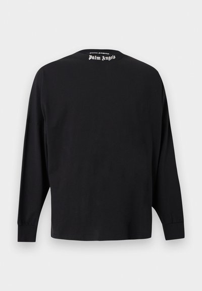 Maglietta nera a maniche lunghe con logo "Palm Angels" stampato in bianco sulla parte superiore della schiena, vicino al collo.