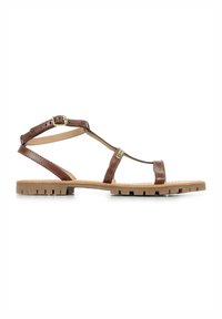 Sandal in pelle marrone con tre cinghie, una fibbia laterale e una suola beige strutturata con un motivo di battistrada per aderenza.