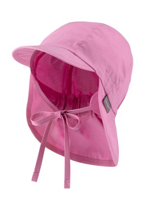 Pink bucket hat made of lightweight fabric, featuring a wide brim, adjustable chin straps, and a smooth interior lining.