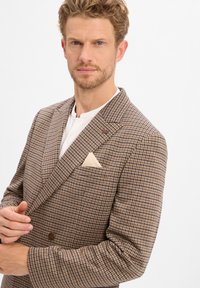 Dubbelbreasted blazer in een bruin en blauw houndstoothpatroon, voorzien van een crèmekleurige pochette en een gestructureerde stof.