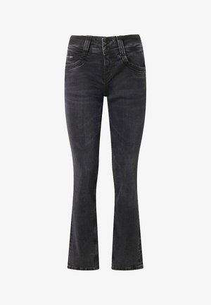 Schwarze Jeans aus Denim mit einem ausgestellten Schnitt, ausgestattet mit einem Doppelknopfverschluss, fünf Taschen und sanften Auswaschungen entlang der Beine.